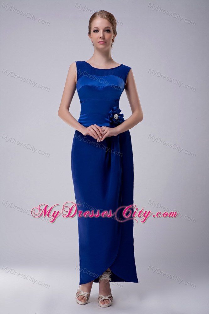 Blue Column Bateau Ankle-length Hand Made Flower Decorate Mother Of The Bride Dress