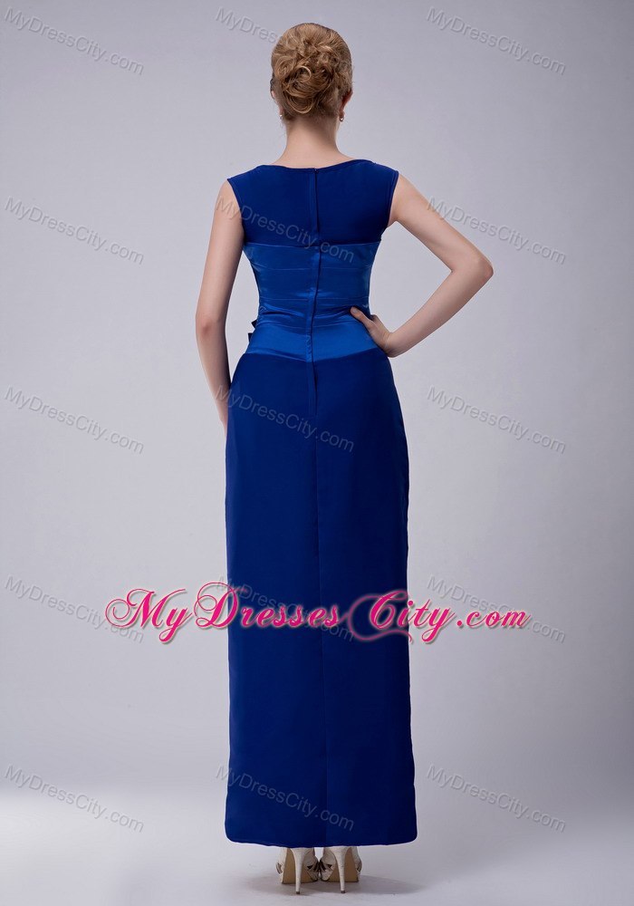 Blue Column Bateau Ankle-length Hand Made Flower Decorate Mother Of The Bride Dress