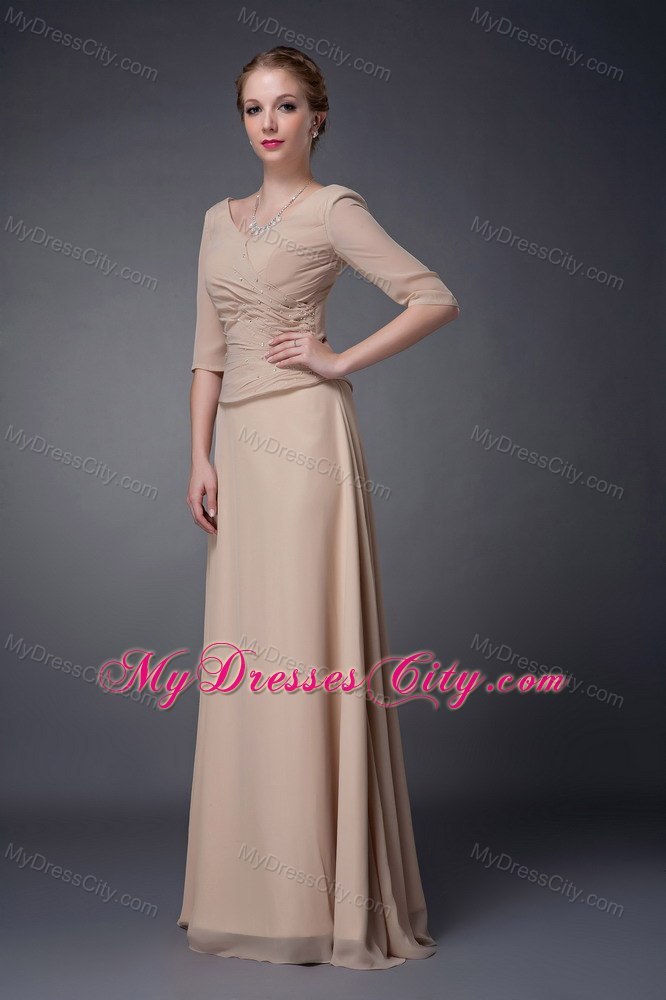 Champagne Empire V-neck Floor-length Beaded Chiffon Mother Dress with Half Sleeves