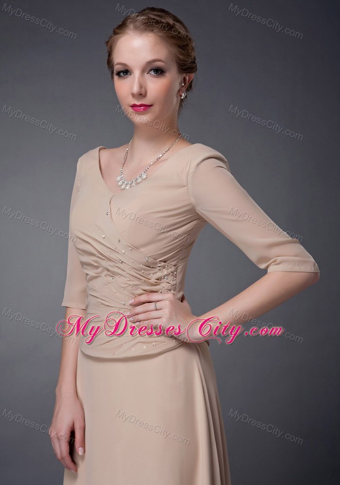 Champagne Empire V-neck Floor-length Beaded Chiffon Mother Dress with Half Sleeves