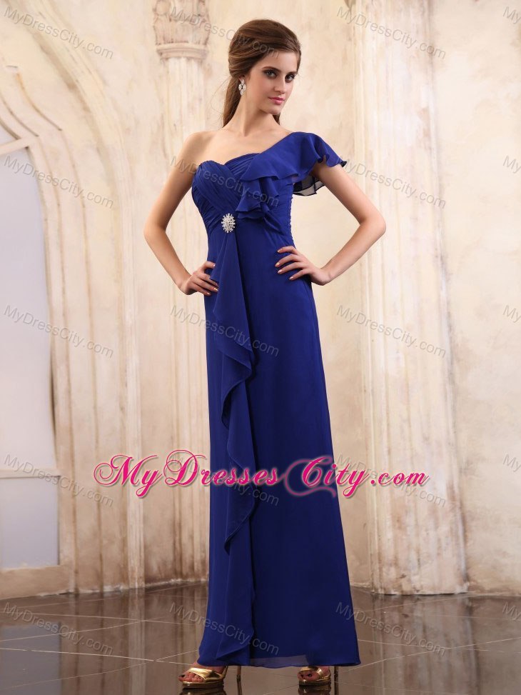 Royal Blue Ankle-length Ruching Chiffon Mothers Dress with One Shoulder and Rhinestone