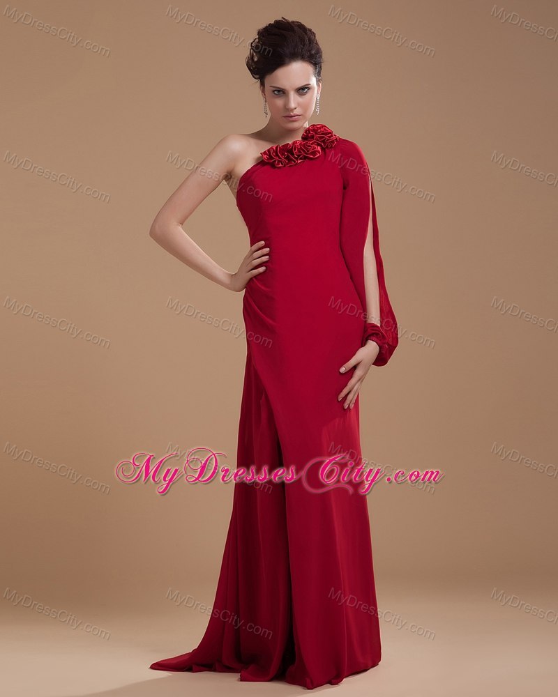 Floor-length Wine Red Hand Made Flowers Decorate Bodice Mother Dress with One Long Sleeve