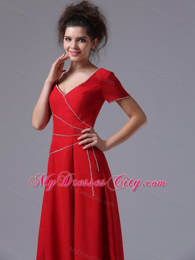 Red Beaded Chiffon V-neck Short Sleeves Ankle-length Mother Dress