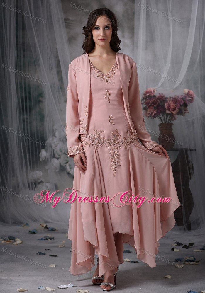 Pink Asymmetrical V-neck Appliqued Mother of the Bride Dress