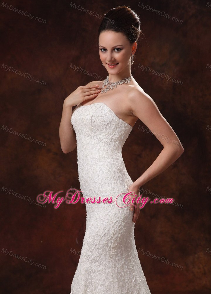 Mermaid Strapless Wedding Dress For Custom Made Lace Brush Train