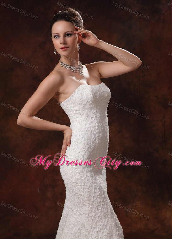 Mermaid Strapless Wedding Dress For Custom Made Lace Brush Train