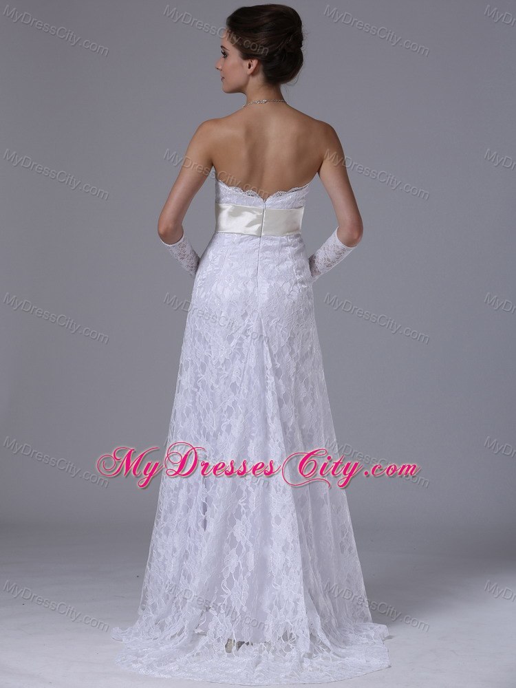Stylish Strapless Lace Column Brush Wedding Dress With Champagne Sash