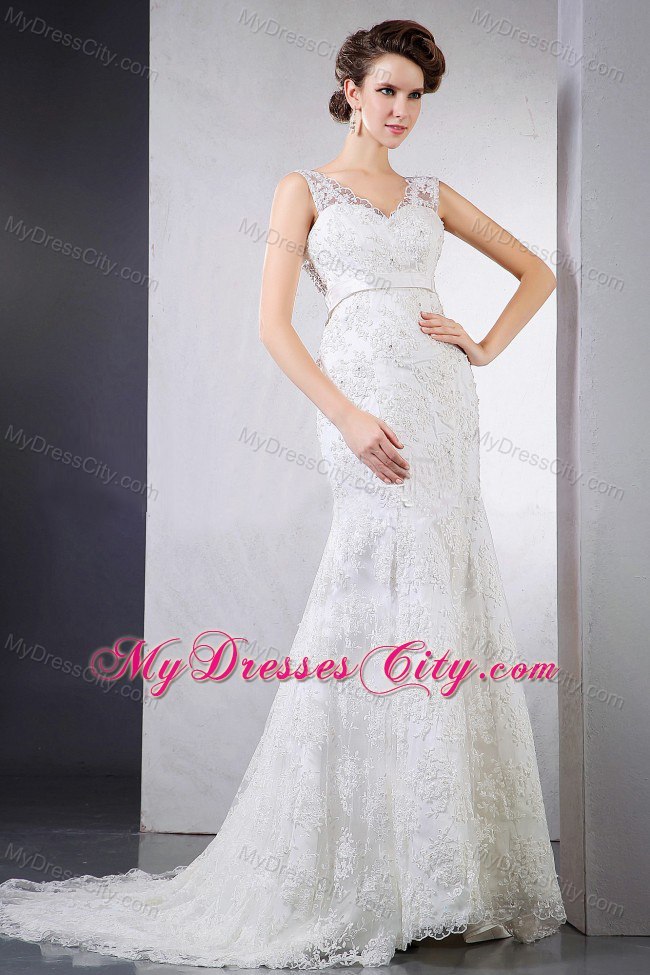 2013 High Quality V-neck Lace Wedding Dress Court Train With Clasp Handle
