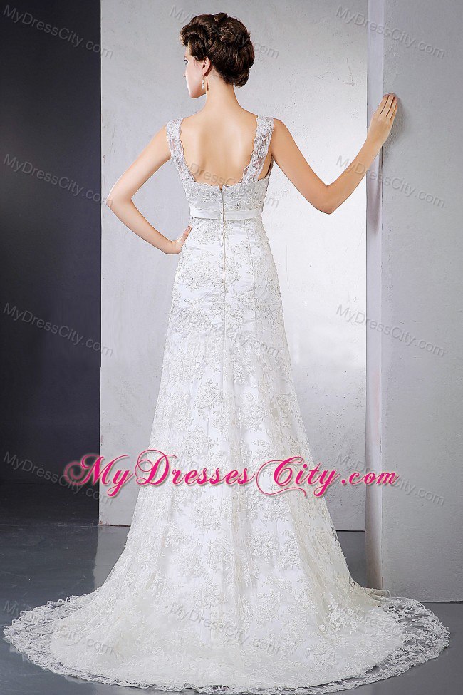 2013 High Quality V-neck Lace Wedding Dress Court Train With Clasp Handle