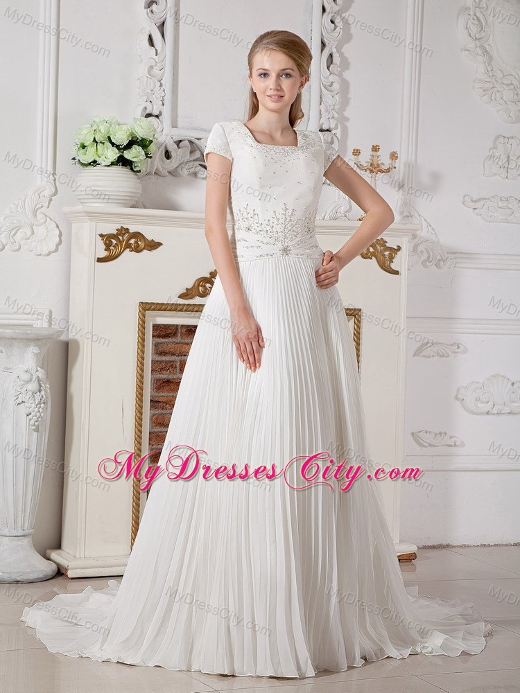 Discounted A-line Court Train Chiffon Beading Pleated Square Bridal Dress