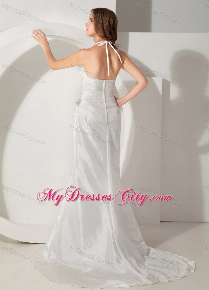 Fashion White Halter Top Sweep Train Ruching Bridal Gown Sleeveless