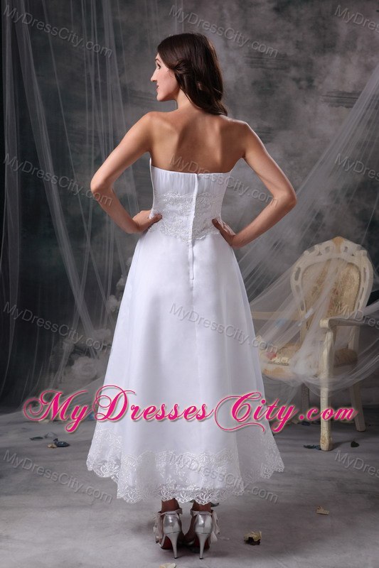 New White Strapless Beading and Ruches Bridal Dress Tea-length