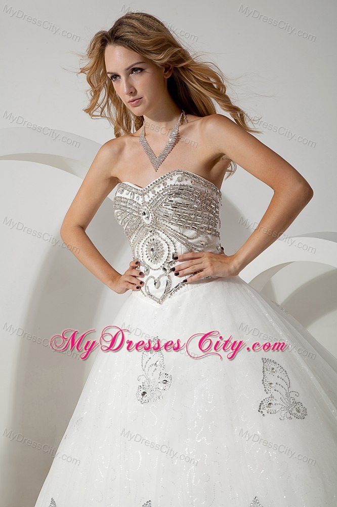 Puffy Sweetheart Court Train Bridal Gown with Superb Beading
