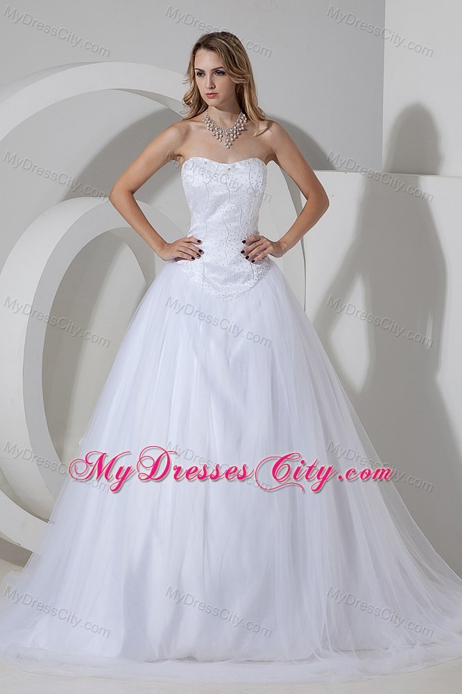 Cheap Tulle Princess Strapless Court Train Beaded Bridal Gown