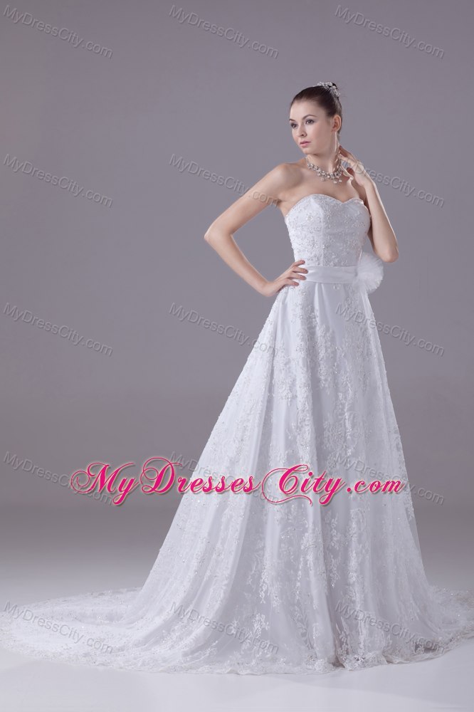 Sweetheart Court Train Lace with Sequins Wedding Dress with Sash
