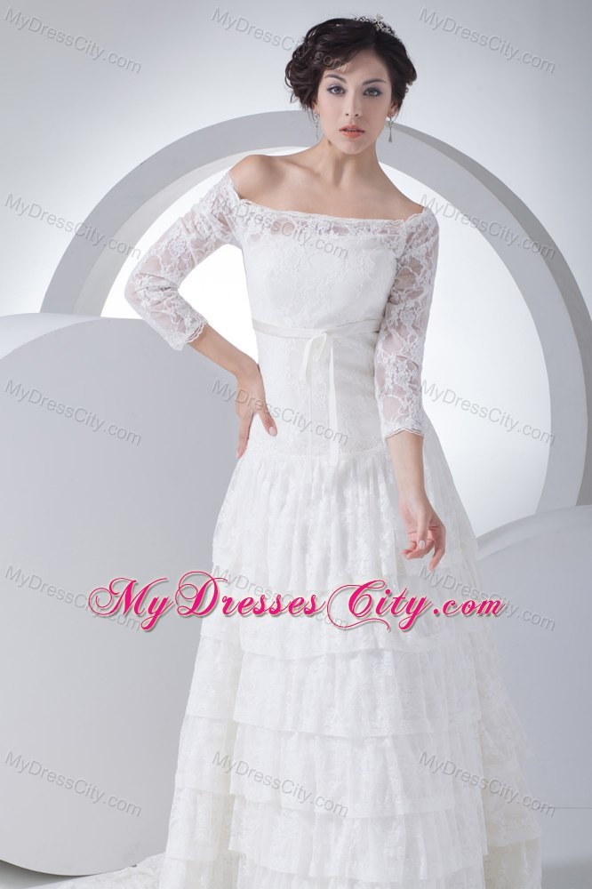 Off The Shoulder Lace Ruffles Layered Court Train Wedding Dress