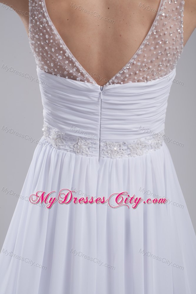 A-line Sheer V-neck with Beading Chiffon Beach Wedding Dress