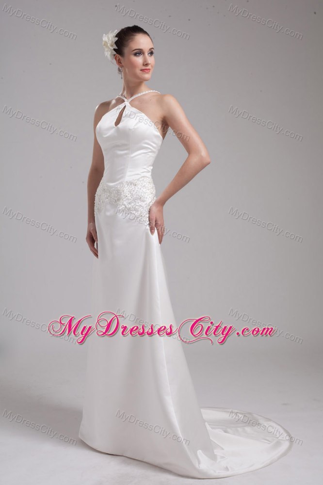 A-line Straps Beading Satin Cut Outs Sweep Train Wedding Dress