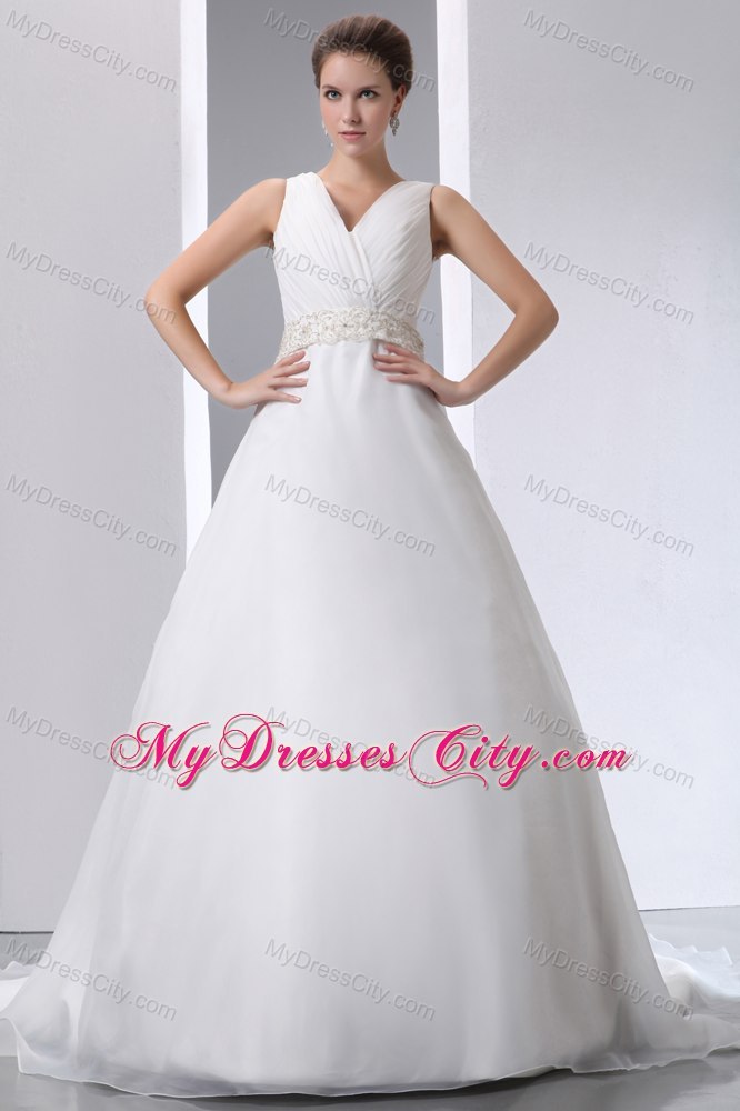 Beaded Decorate Waist V-neck Satin and Organza Wedding Gowns