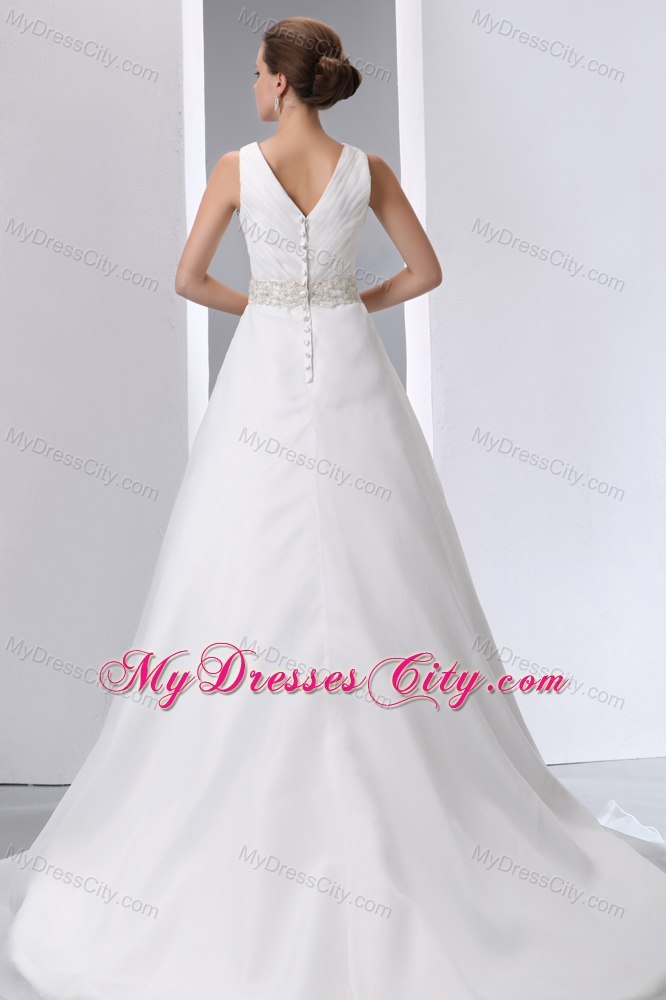 Beaded Decorate Waist V-neck Satin and Organza Wedding Gowns