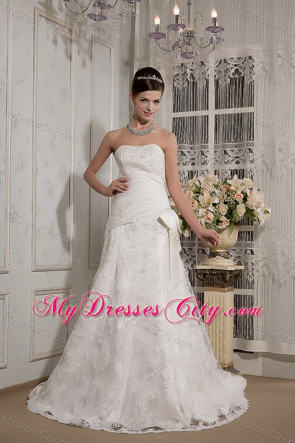 Lace A-line Strapless Court Train Wedding Dress with Bowknot