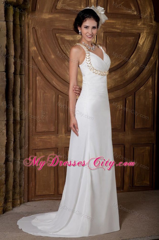 V-neck Brush Train Ruched Garden Wedding Dress with the Back Covered
