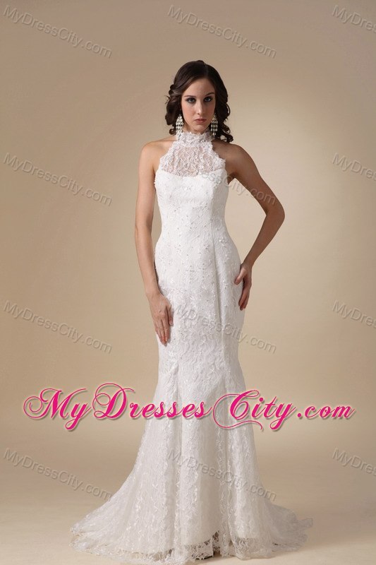 Fashionable Mermaid Brush Train Lace Bridal Gown with Cool Neckline