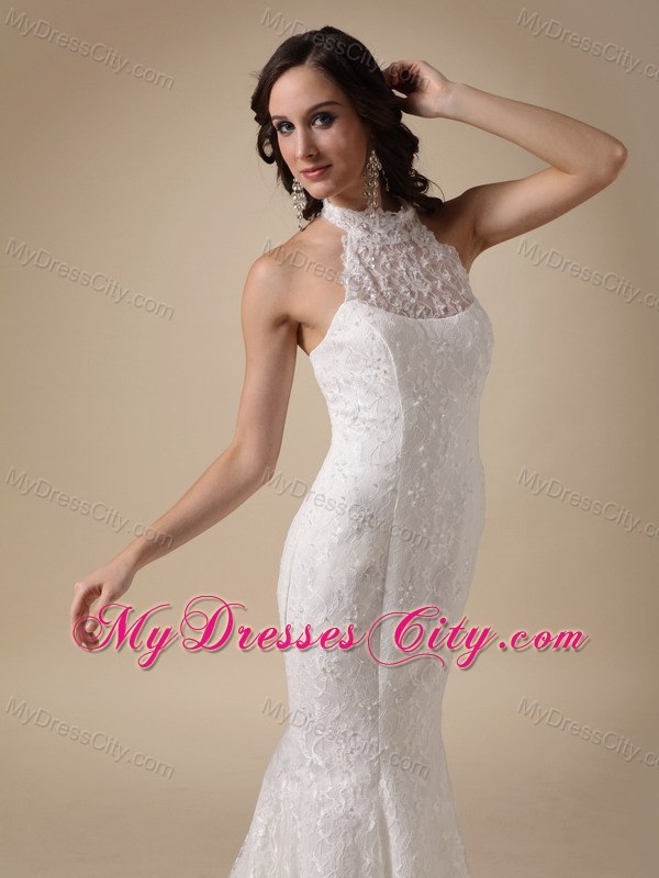 Fashionable Mermaid Brush Train Lace Bridal Gown with Cool Neckline