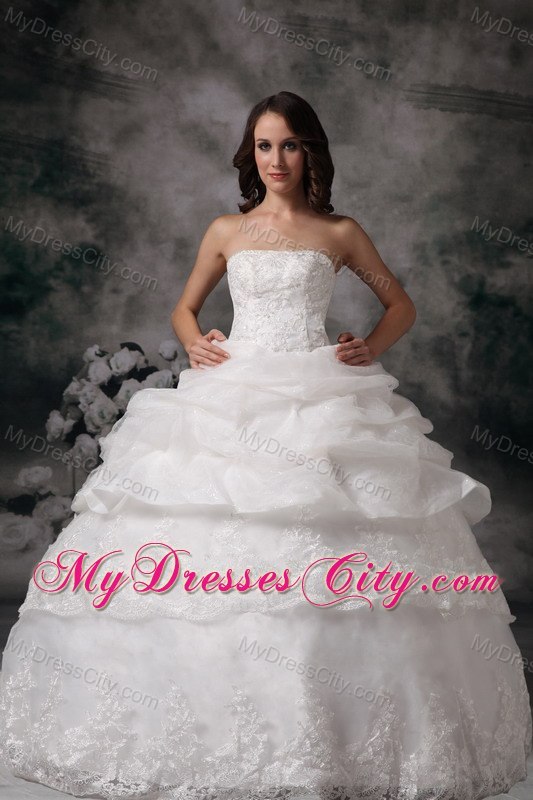 Lace Organza Pick Ups Strapless Ball Gown Wedding Dress for Cheap