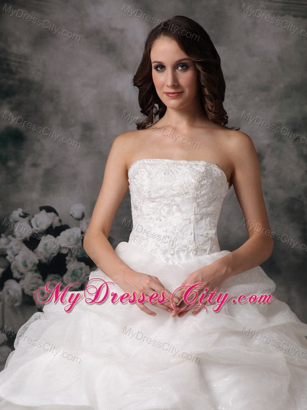 Lace Organza Pick Ups Strapless Ball Gown Wedding Dress for Cheap