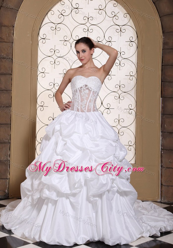 Chapel Train Pick Ups Sweetheart Wedding Gowns with Transparent Organza