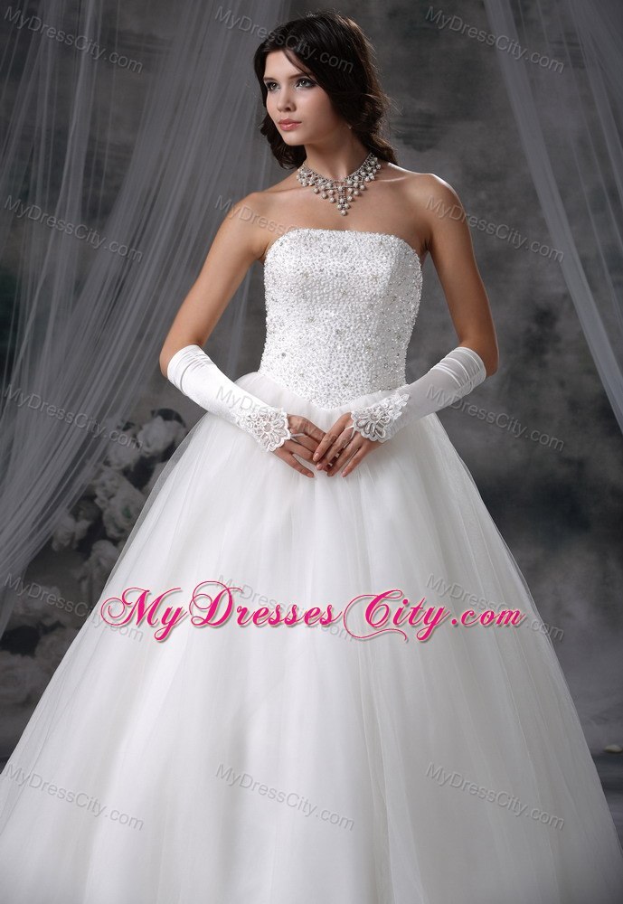 Cheap Simple Beaded Strapless Tulle A-line 2013 Garden Wedding Dress
