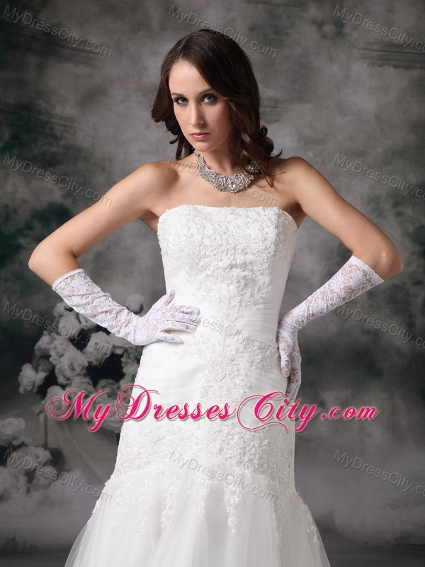 Dropped Lace Strapless Brush Train Elegant 2013 Wedding Bridal Gown