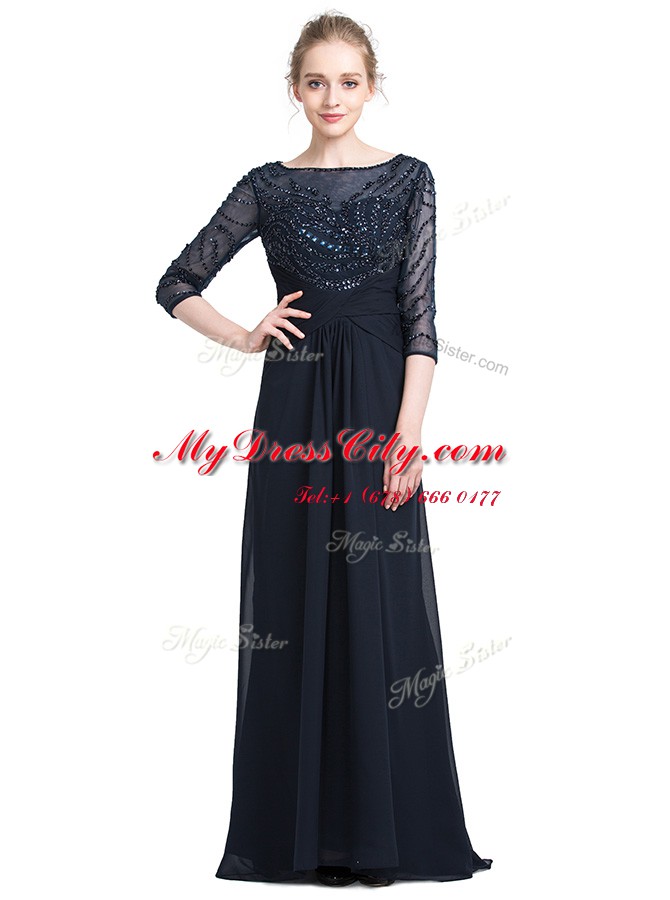 Top Selling Floor Length Column/Sheath 3 4 Length Sleeve Black Prom Evening Gown Zipper