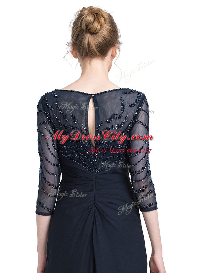 Top Selling Floor Length Column/Sheath 3 4 Length Sleeve Black Prom Evening Gown Zipper