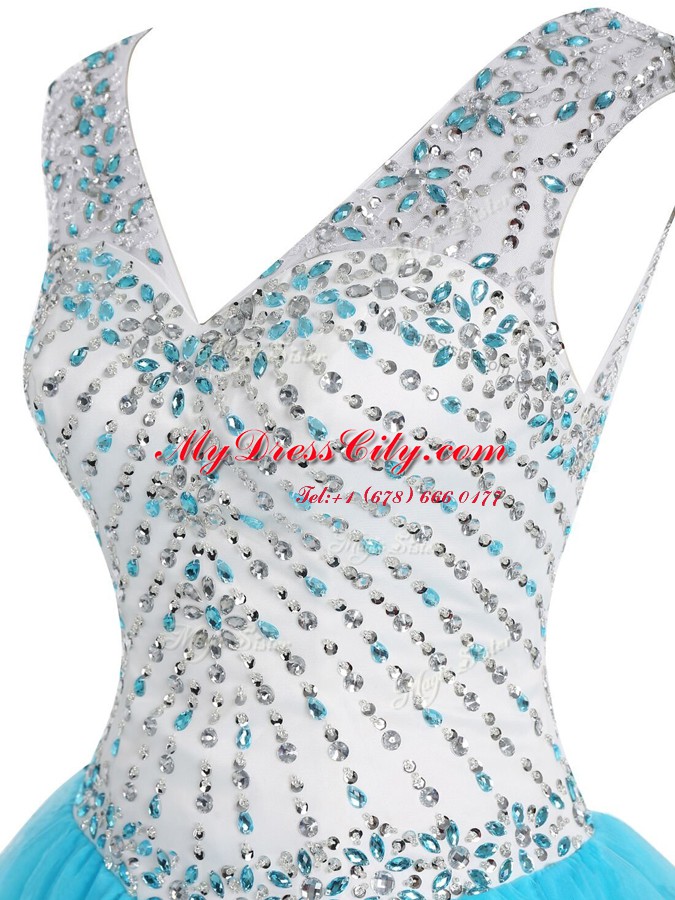A-line Dress for Prom Baby Blue V-neck Organza Sleeveless Mini Length Zipper