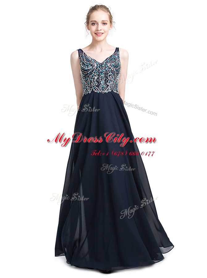 Floor Length Zipper Prom Party Dress Black for Prom and Party with Beading