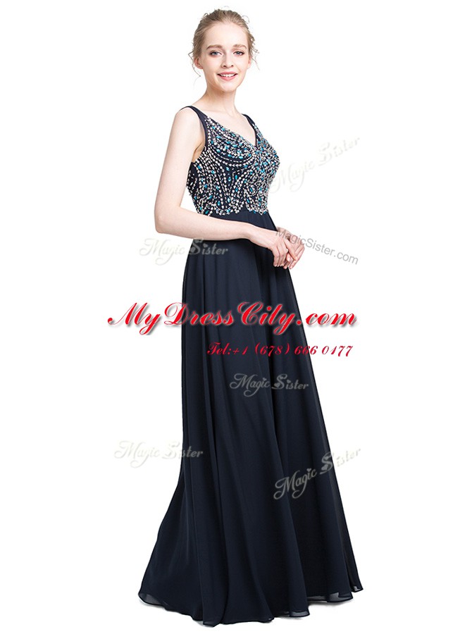Floor Length Zipper Prom Party Dress Black for Prom and Party with Beading