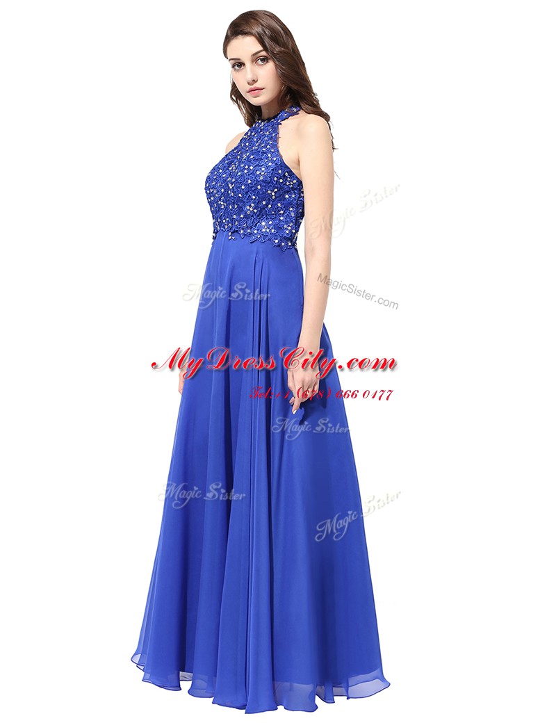 Blue Backless Halter Top Beading and Lace Prom Dresses Chiffon Sleeveless