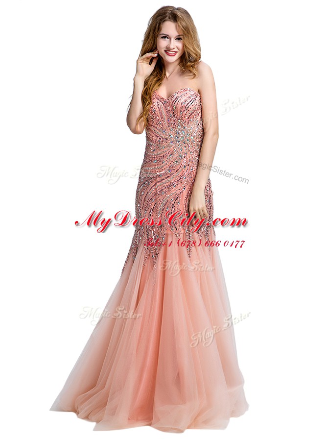Mermaid One Shoulder Floor Length Peach Dress for Prom Tulle Sleeveless Beading