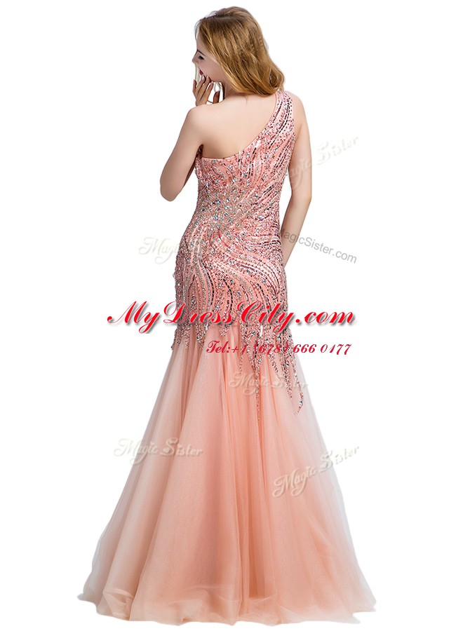 Mermaid One Shoulder Floor Length Peach Dress for Prom Tulle Sleeveless Beading