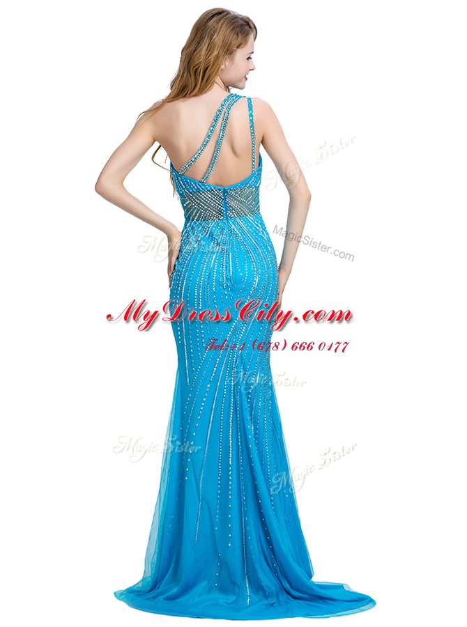 Modern One Shoulder Baby Blue Sleeveless With Train Beading Zipper Prom Dress