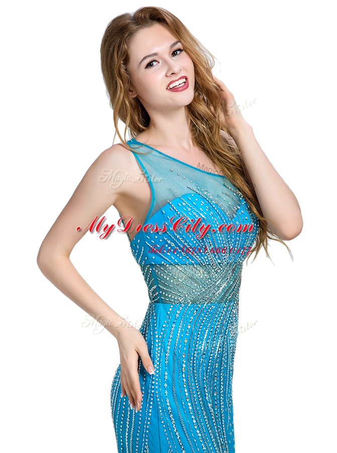 Modern One Shoulder Baby Blue Sleeveless With Train Beading Zipper Prom Dress