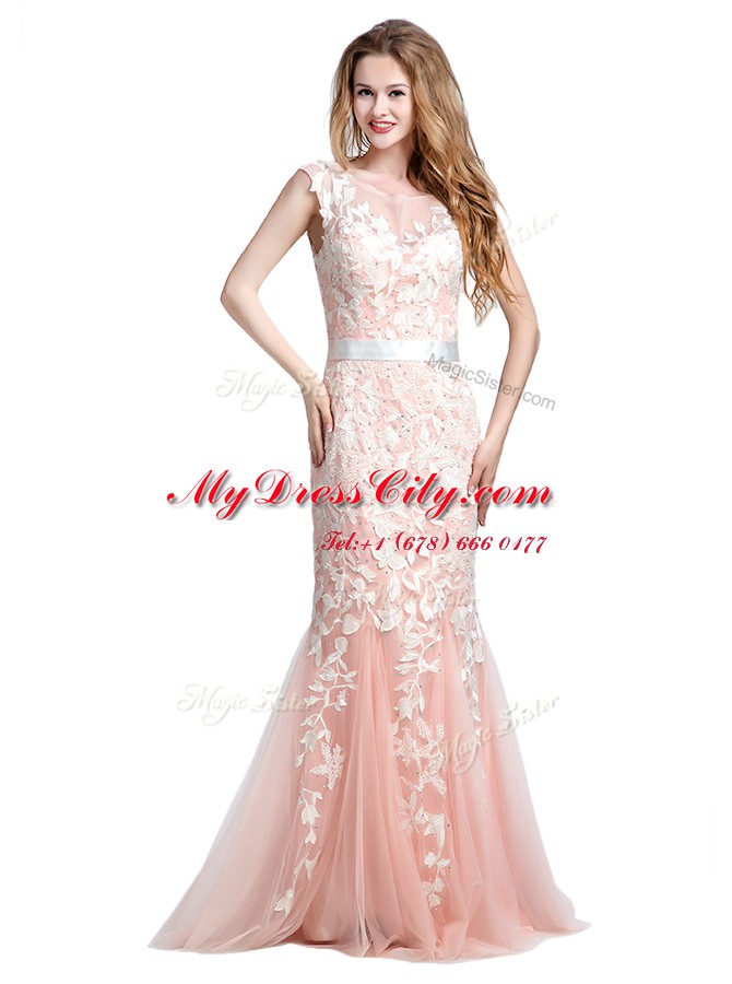 Scoop With Train Zipper Dress for Prom Pink for Prom and Party with Lace and Appliques Brush Train