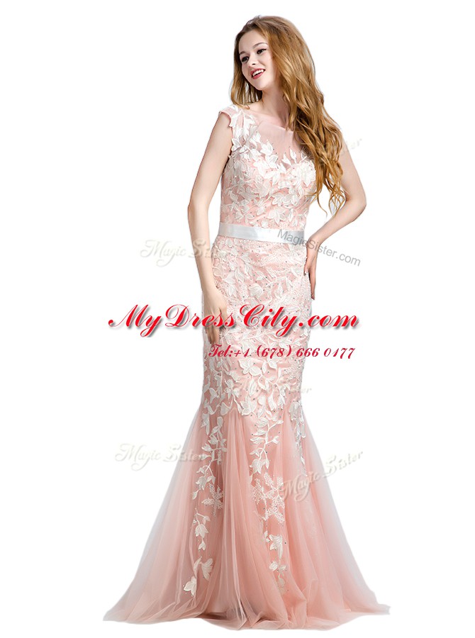 Scoop With Train Zipper Dress for Prom Pink for Prom and Party with Lace and Appliques Brush Train