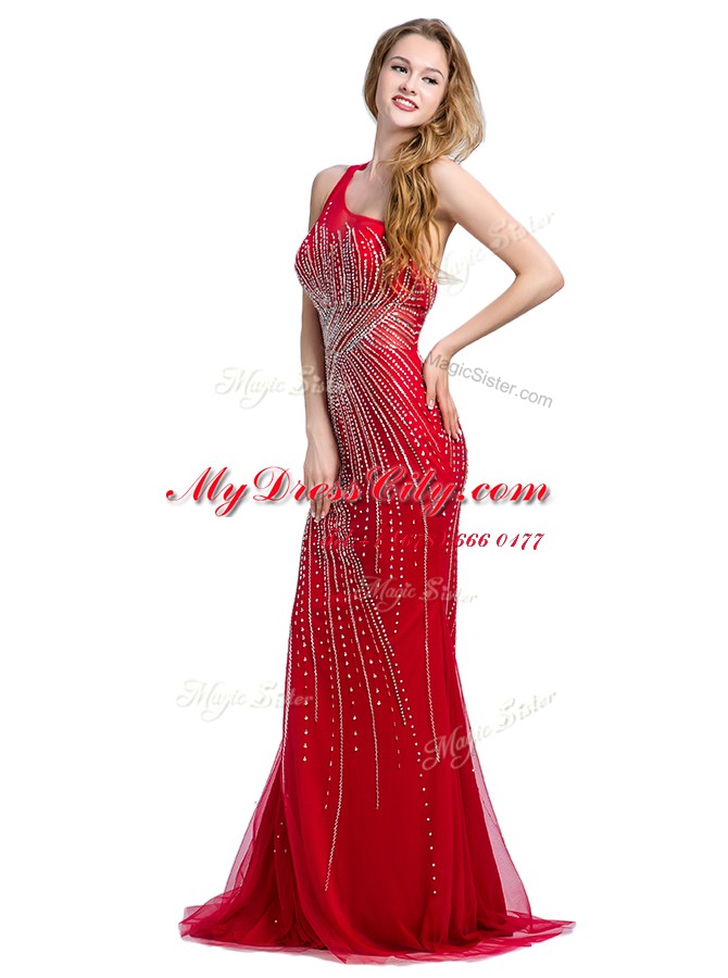 Beautiful One Shoulder With Train Red Tulle Brush Train Sleeveless Beading