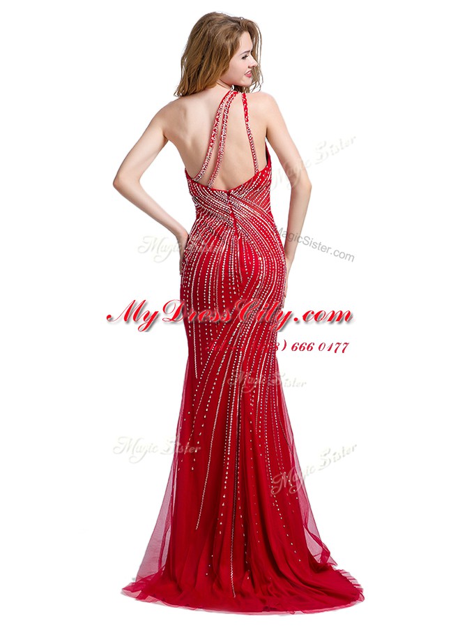 Beautiful One Shoulder With Train Red Tulle Brush Train Sleeveless Beading