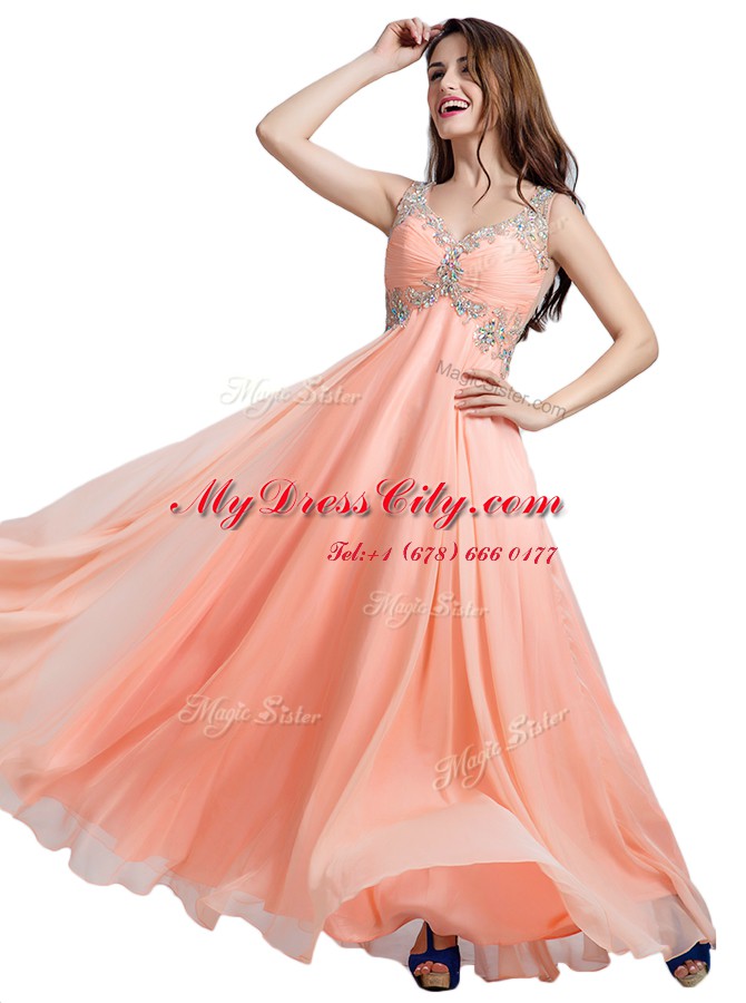 Glamorous Organza Sleeveless Floor Length Homecoming Dress and Beading