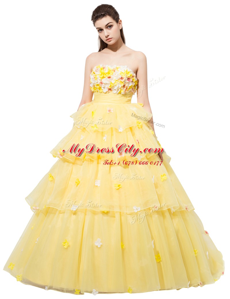 Yellow Lace Up Strapless Ruffled Layers and Hand Made Flower Custom Made Pageant Dress Organza Sleeveless
