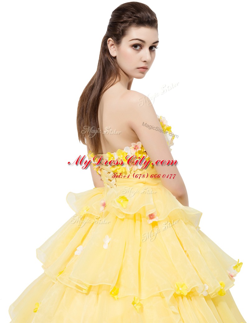 Yellow Lace Up Strapless Ruffled Layers and Hand Made Flower Custom Made Pageant Dress Organza Sleeveless